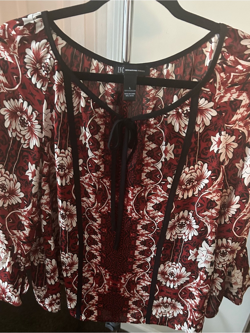 INC International Concepts Burgundy and White Floral Tie-Front Blouse